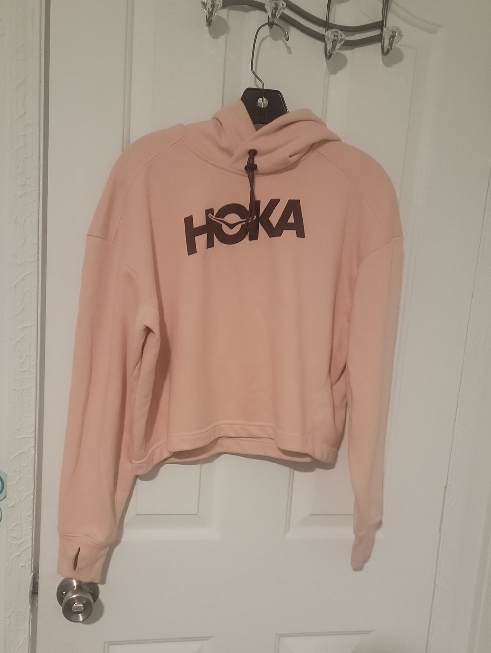 Hoka One One Hoodie Womens Cropped Pullover Size S, Light Peach/dark brown Logo